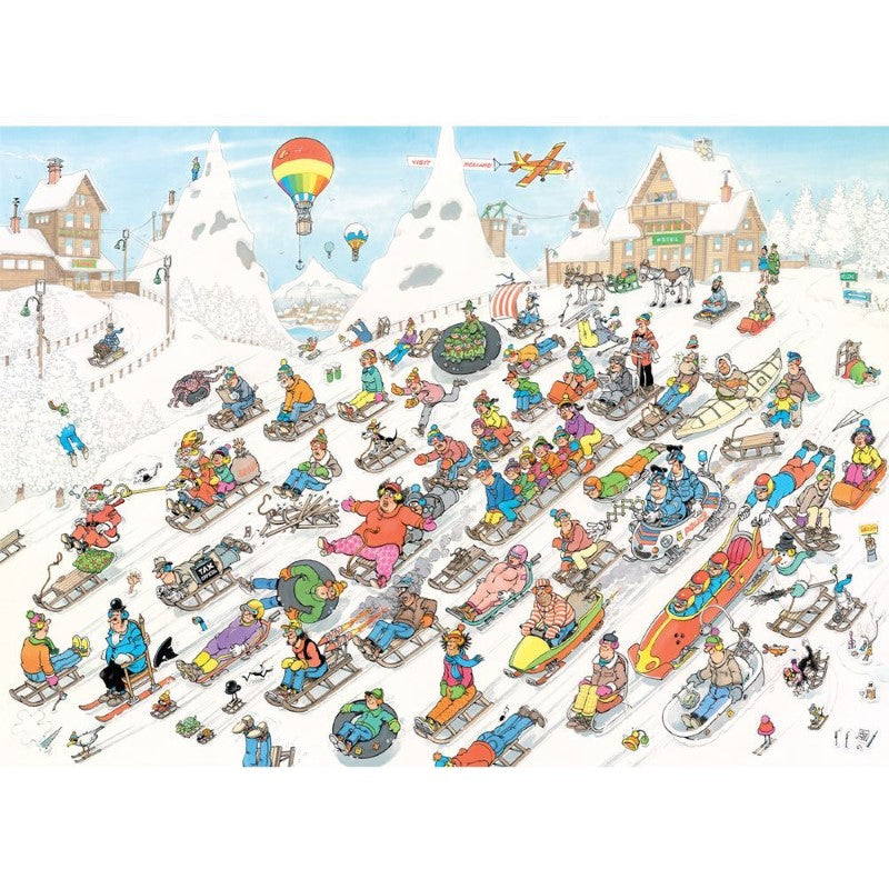 Jan Van Haasteren 1000-piece puzzle featuring whimsical, humorous scene titled 'It's All Going Downhill', made in New Zealand.