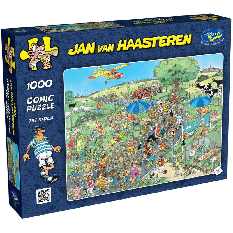 Colorful 1000-piece puzzle titled 'The March' by Jan Van Haasteren, featuring whimsical illustrations and humorous scenes.