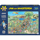 Colorful 1000-piece puzzle titled 'The March' by Jan Van Haasteren, featuring whimsical scenes and humorous details.