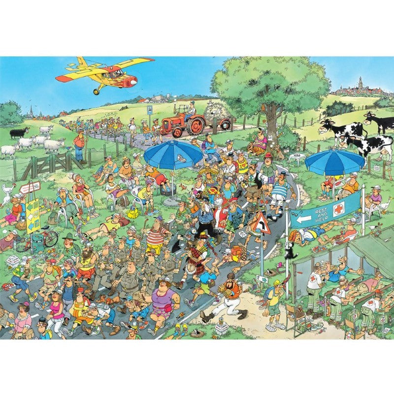 Whimsical 1000-piece puzzle 'The March' by Jan Van Haasteren, showcasing vibrant scenes and humorous details for ages 8+.