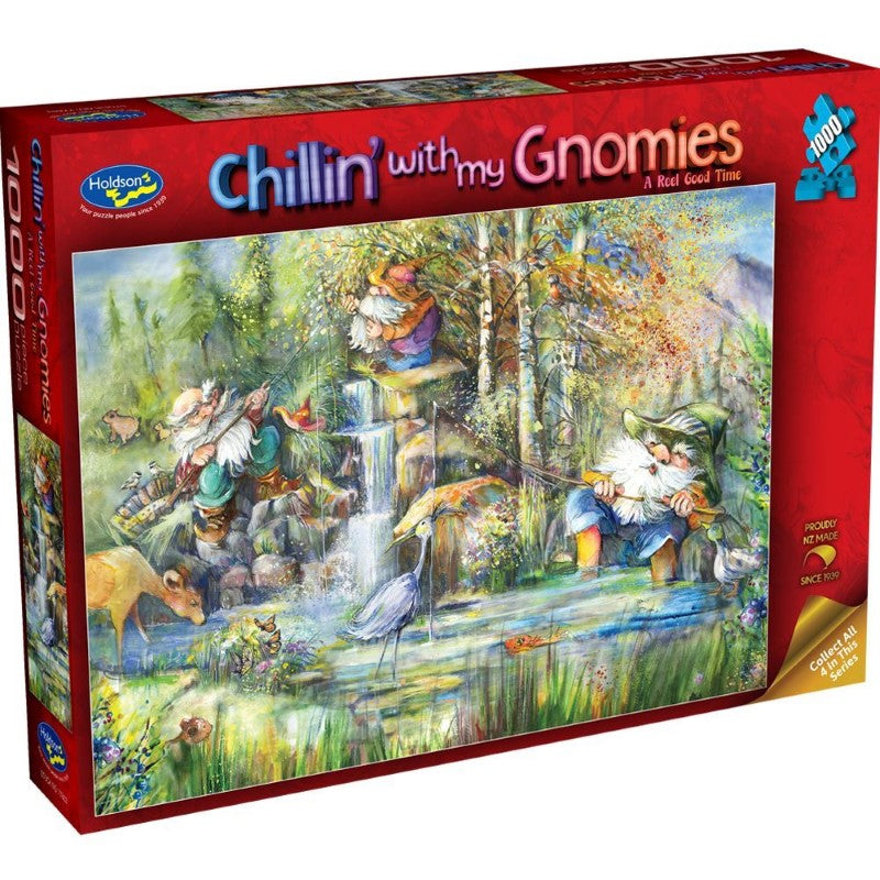 Whimsical 1000-piece puzzle featuring gnomes in vibrant detail, designed by Joy Allen, eco-friendly and perfect for family fun.