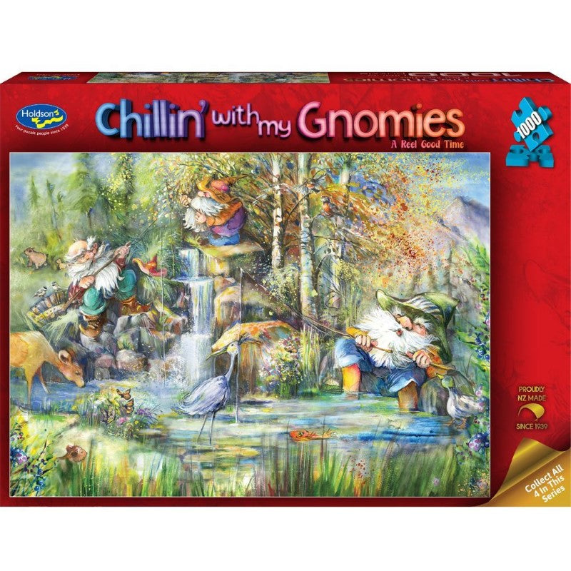 Colorful 1000-piece puzzle featuring whimsical gnomes by Joy Allen, perfect for family fun and eco-conscious puzzlers.