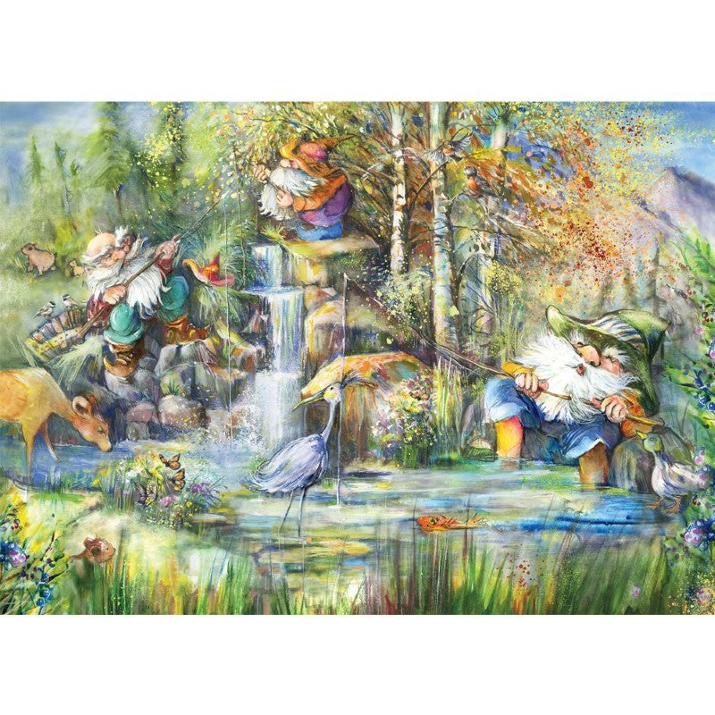 Colorful 1000-piece puzzle featuring whimsical gnomes in playful adventures, designed by artist Joy Allen.