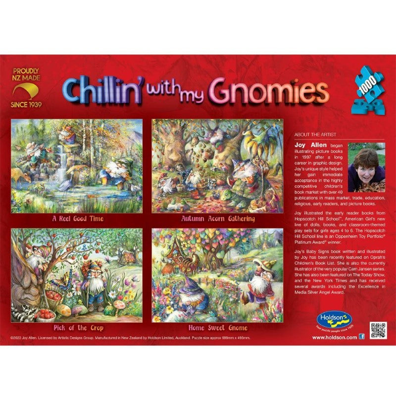 Whimsical 1000-piece puzzle featuring gnomes in vibrant artwork by Joy Allen, perfect for family fun and eco-friendly entertainment.