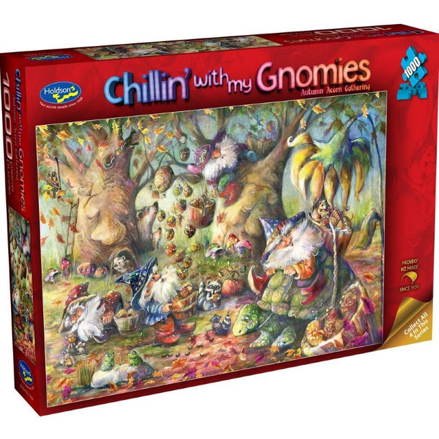 Autumn-themed puzzle featuring whimsical gnomes gathering acorns in a forest, designed by Joy Allen.