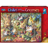 Whimsical 1000-piece puzzle featuring gnomes gathering acorns in a picturesque autumn forest by artist Joy Allen.