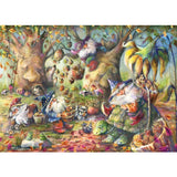 Whimsical autumn puzzle featuring gnomes gathering acorns in a vibrant forest, ideal for family fun or solo relaxation.