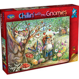 Colorful 1000-piece puzzle featuring whimsical gnomes enjoying their day, designed by artist Joy Allen, eco-friendly materials.