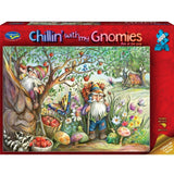 Whimsical 1000-piece puzzle featuring gnomes enjoying delightful moments, designed by artist Joy Allen.