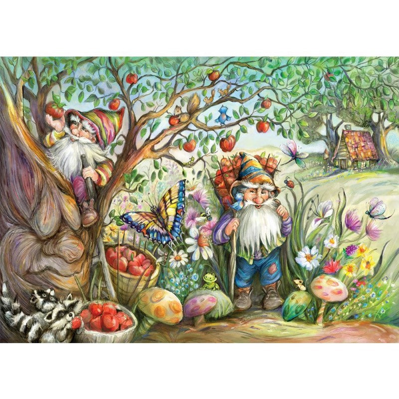 Colorful 1000-piece puzzle featuring whimsical gnomes enjoying playful moments, perfect for family fun and gifting.