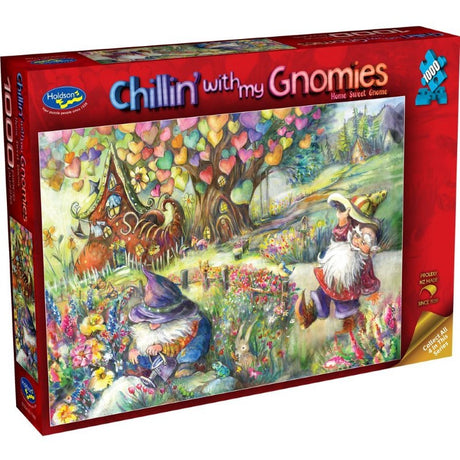 A vibrant 1000-piece puzzle featuring whimsical gnomes in cheerful adventures, designed by Joy Allen. Ideal for family fun.