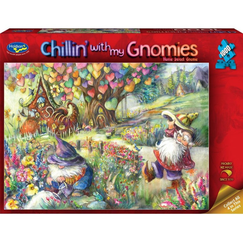 Colorful 1000-piece puzzle featuring whimsical gnomes by Joy Allen, promoting family fun and cognitive development.