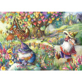 Colorful 1000-piece puzzle featuring gnomes in a whimsical scene, designed by Joy Allen, ideal for family entertainment.