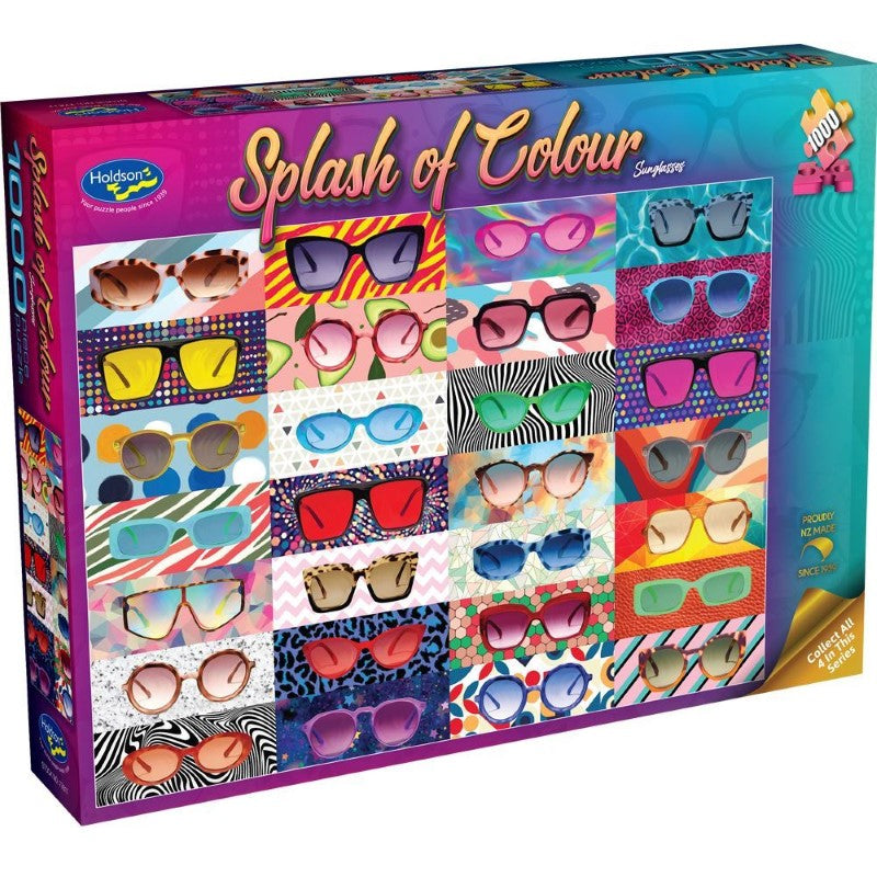 Vibrant jigsaw puzzle featuring colorful sunglasses by Aimee Stewart, suitable for ages 8+ and made from eco-friendly materials.