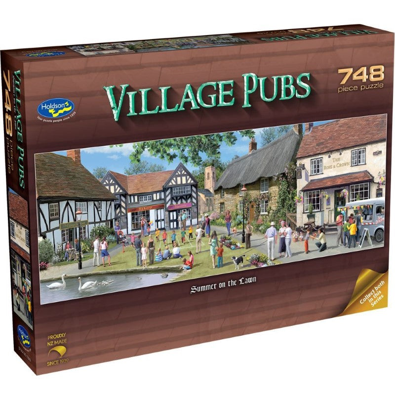 748-piece panoramic puzzle featuring a charming summer scene of English village pubs by Victor Mclindon, made with eco-friendly materials.