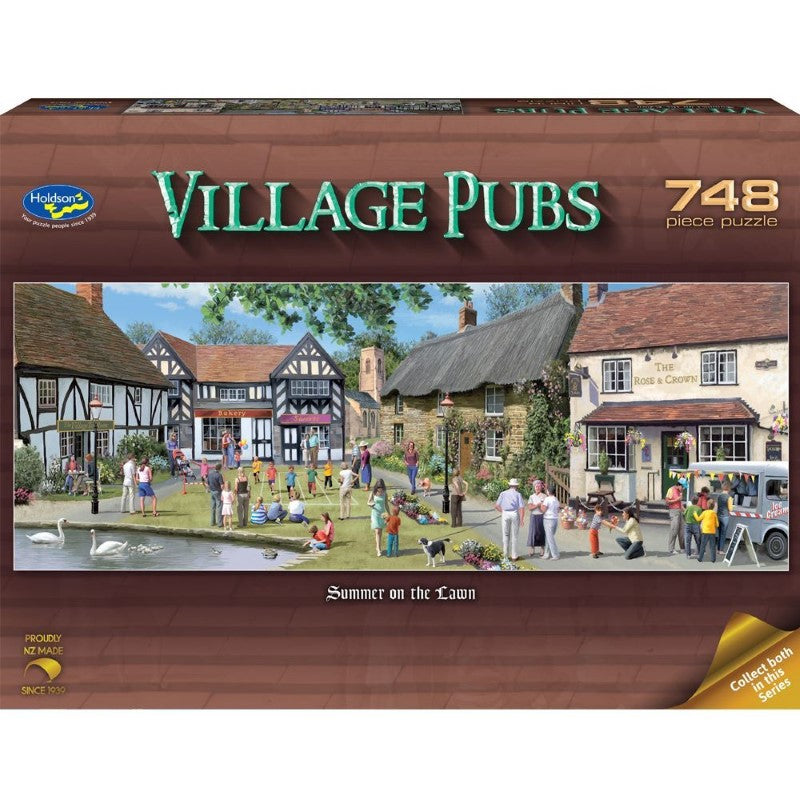 Panoramic 748-piece puzzle of a charming English village pub scene in summer, by artist Victor Mclindon, eco-friendly materials.