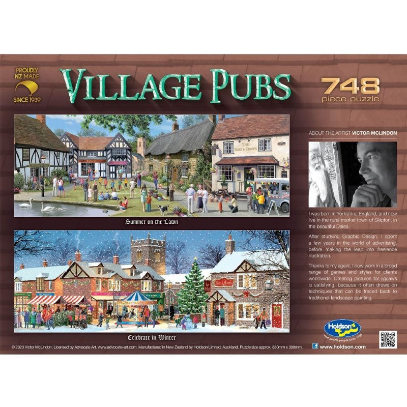 748-piece jigsaw puzzle featuring a panoramic scene of charming English village pubs in summer, by artist Victor Mclindon.