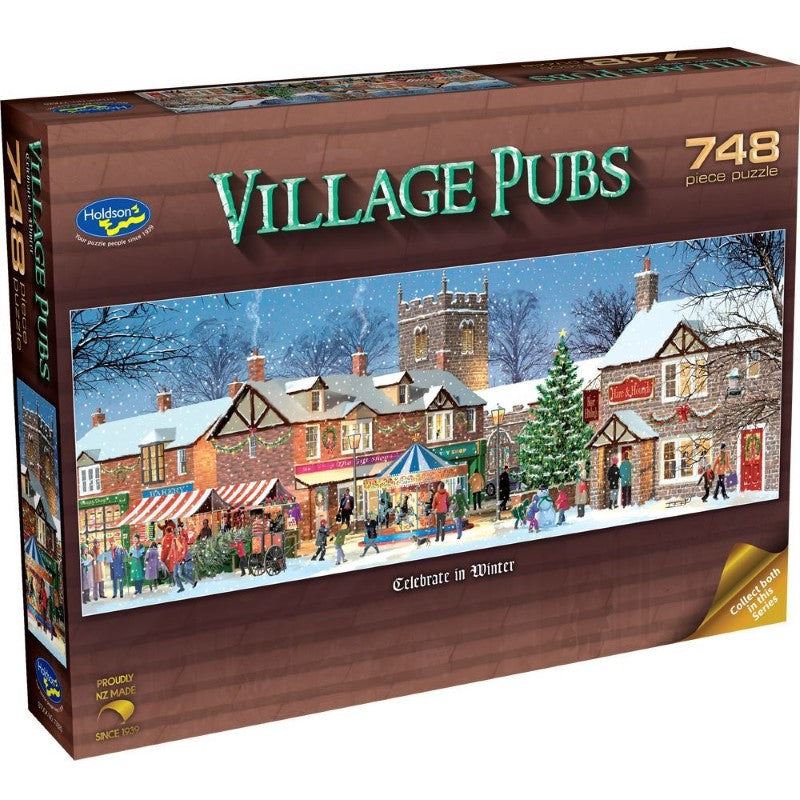 Colorful 748-piece winter puzzle featuring traditional English village pubs, designed by Victor McLindon, eco-friendly materials.