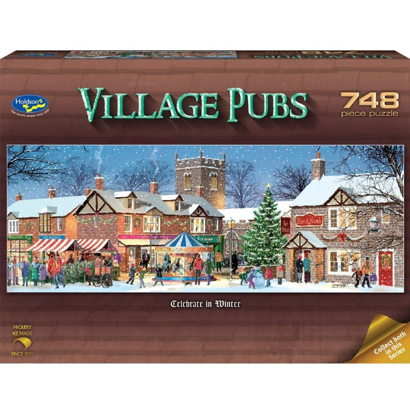 748-piece puzzle featuring a cozy winter village pub scene by artist Victor McLindon, perfect for family fun and gatherings.