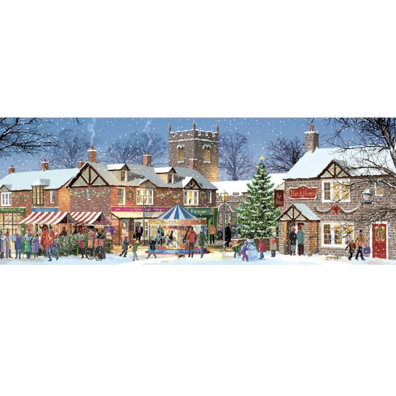 748-piece puzzle featuring a charming winter scene of English village pubs, designed by Victor Mclindon, eco-friendly materials.