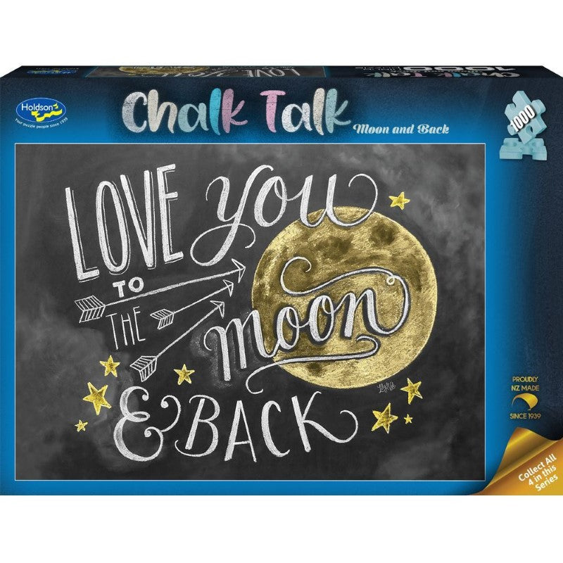 1000-piece puzzle 'Moon and Back' featuring a creative chalkboard design, perfect for family fun and engaging challenges.