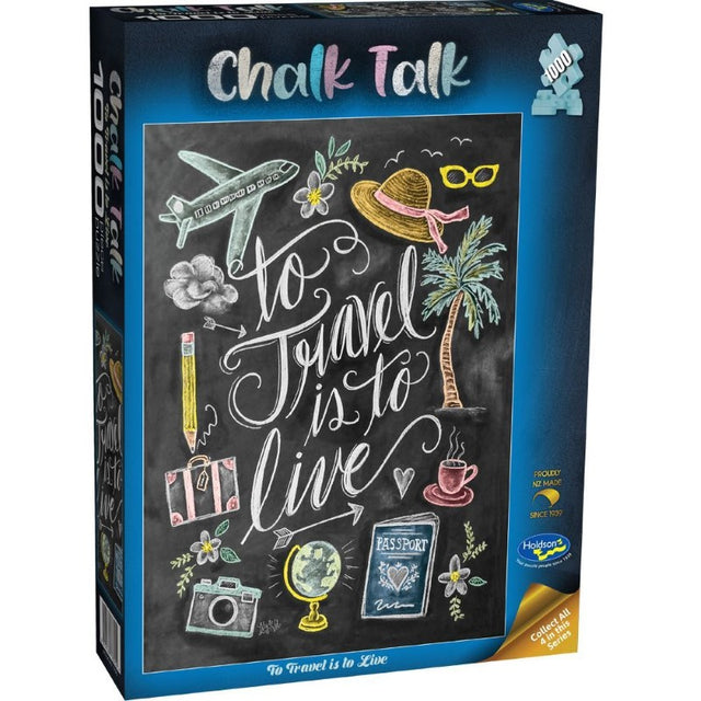 1000-piece jigsaw puzzle featuring a chalkboard design celebrating travel and adventure, perfect for puzzle lovers.