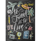 1000-piece puzzle featuring a chalkboard design celebrating wanderlust, perfect for travel lovers and family bonding.