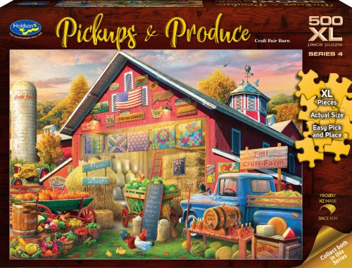 Jigsaw puzzle featuring Craft Fair Barn scene with 500 XL pieces, vibrant colors, and artistry by Ukrainian artists Eduard and Olga.