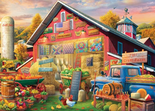 Colorful jigsaw puzzle featuring a craft fair barn scene, designed with 500 easy-to-handle XL pieces for ages 8 and up.