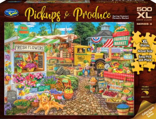 Colorful jigsaw puzzle featuring a vibrant summer farmers market scene, designed for easy assembly with 500 XL pieces.