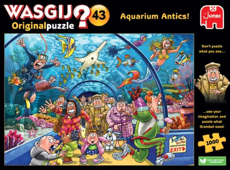 Colorful underwater scene featuring Granny and Grandad surrounded by fish and a mysterious mermaid in the Wasgij puzzle.