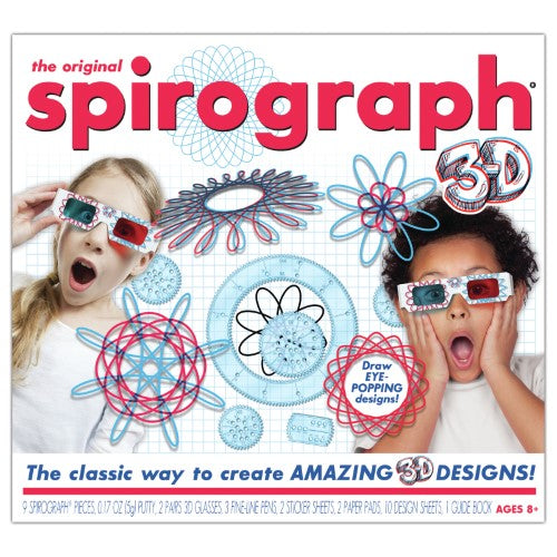 3D Design Suite - Spirograph kit featuring precision wheels, colored pens, design pads, and 3D glasses for creative art projects.