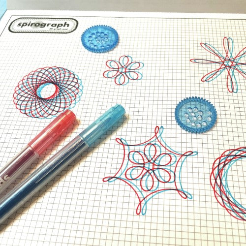 3D Design Suite - Spirograph kit including precision wheels, colorful pens, and 3D glasses for creative spiraling art.