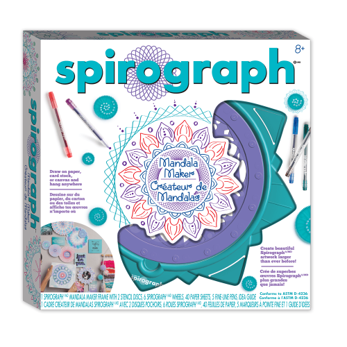 Spirograph Mandala Maker kit for creating intricate mandala designs with interchangeable wheels, stencils, and vibrant pens.