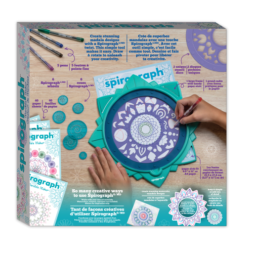 Spirograph Mandala Maker kit with frame, wheels, stencils, paper, and pens for creating intricate mandala art.