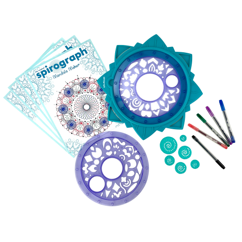 Spirograph Mandala Maker kit showcasing frame, wheels, stencils, pens, and paper for creating intricate mandala designs.