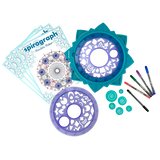 Spirograph Mandala Maker kit showcasing frame, wheels, stencils, pens, and paper for creating intricate mandala designs.