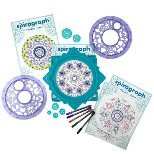 Spirograph Mandala Maker kit featuring interchangeable wheels and stencils for creating intricate mandala designs.