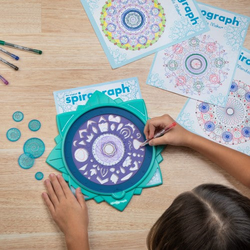 Spirograph Mandala Maker kit for creating intricate mandala designs with interchangeable wheels and stencils, ideal for all ages.