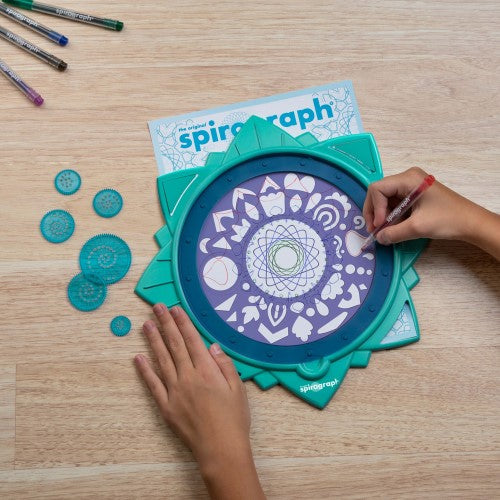 Spirograph Mandala Maker kit with frame, wheels, stencils, and pens for creating intricate mandala designs easily.