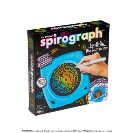 Spirograph Doodle Pad with LCD screen, stylus, and stencil wheels for easy, mess-free artistic designs. Perfect for ages 5+.