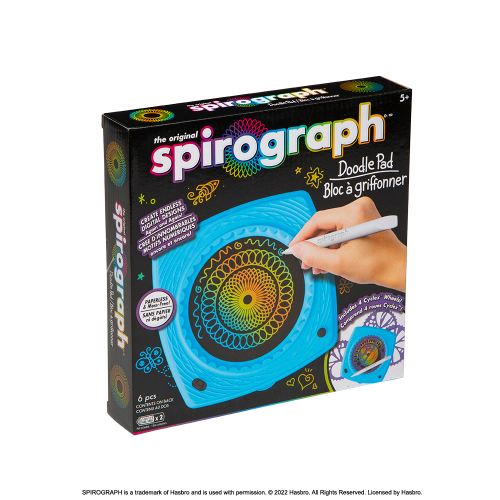 Spirograph Doodle Pad with LCD screen, stylus, and stencil wheels for easy, mess-free artistic designs. Perfect for ages 5+.