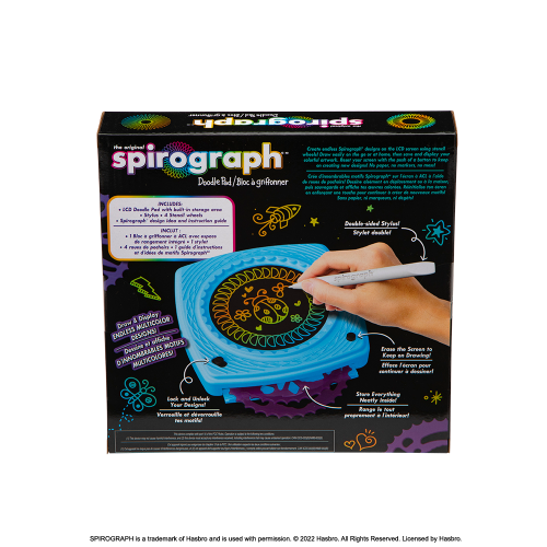 Spirograph Doodle Pad: LCD drawing pad with stencil wheels for creating colorful Spirograph designs, ideal for kids 5+.