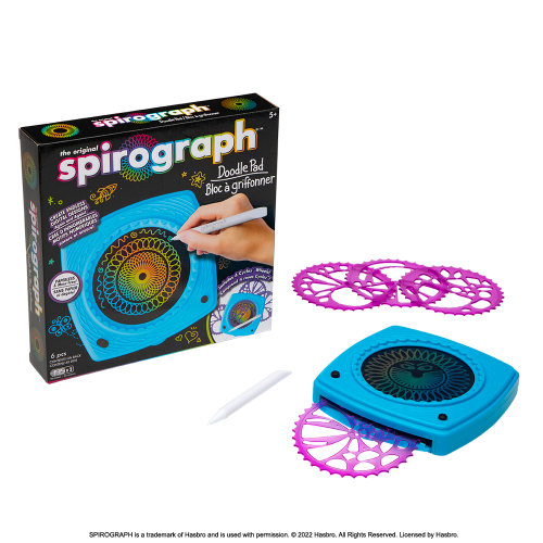 Colorful Spirograph Doodle Pad showcasing intricate designs, LCD screen, stylus, and stencils for creative fun without mess.