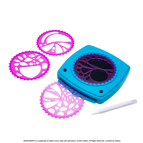 Spirograph Doodle Pad showcasing LCD screen, stylus, and four stencil wheels for endless creative designs without mess.