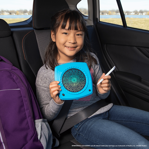 LCD Spirograph Doodle Pad for kids, featuring four stencil wheels and built-in storage for mess-free creativity.