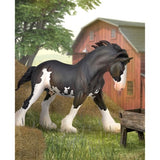 Hand-painted Clydesdale stallion figurine in black sabino with white spots, showcasing detailed craftsmanship and realistic features.