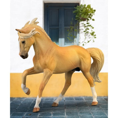 Detailed CollectA Andalusian Stallion Palomino XL figurine, featuring a golden yellow body, flowing mane, and non-toxic vinyl construction.