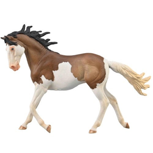 Hand-painted CollectA Mustang Mare figurine featuring a bay splash overo coat with unique white markings and a contrasting mane.