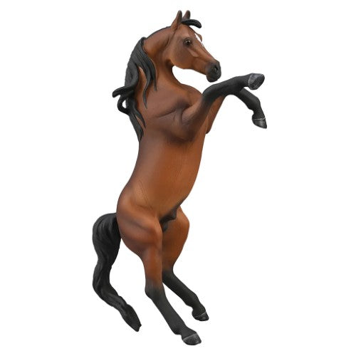 Majestic bay Arabian stallion figurine rearing on hind legs, detailed and hand-painted, perfect for collectors and play.